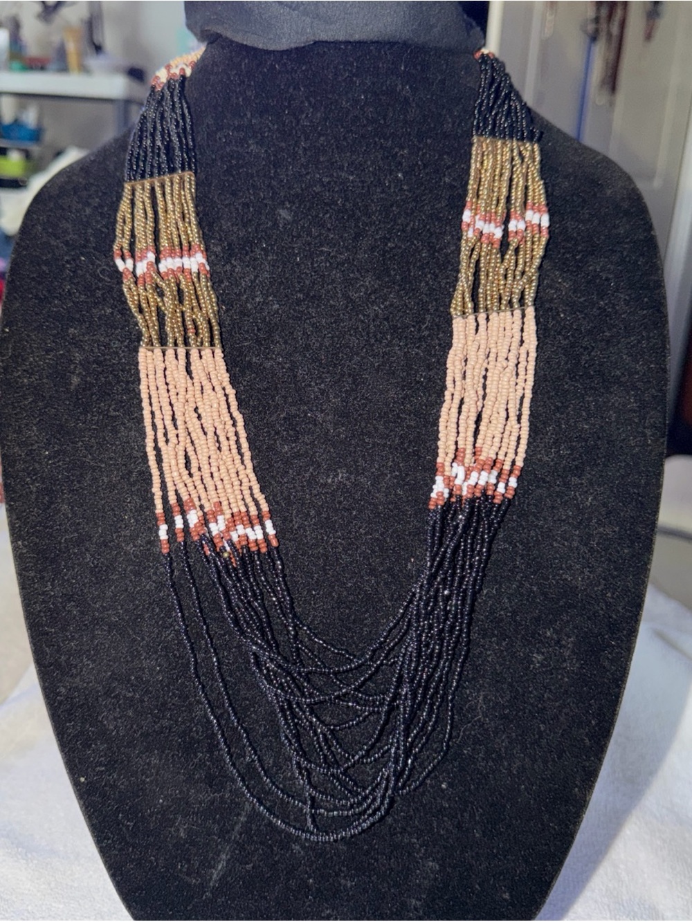 Multi-Strand Beaded Necklace in Black, Peach copper & Gold southwest BIB 34”
